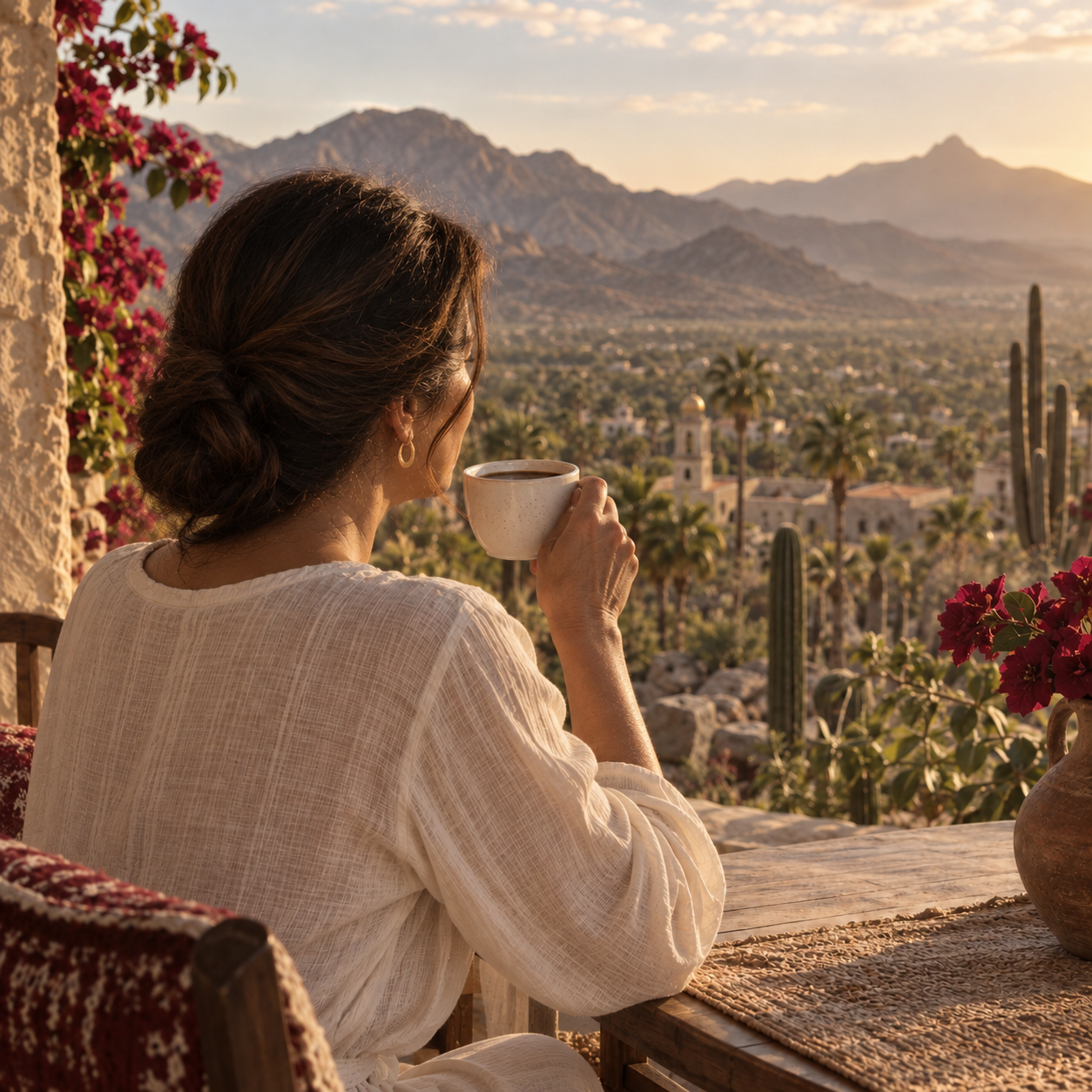 Escena editorial de una mujer disfrutando una taza frente al desierto