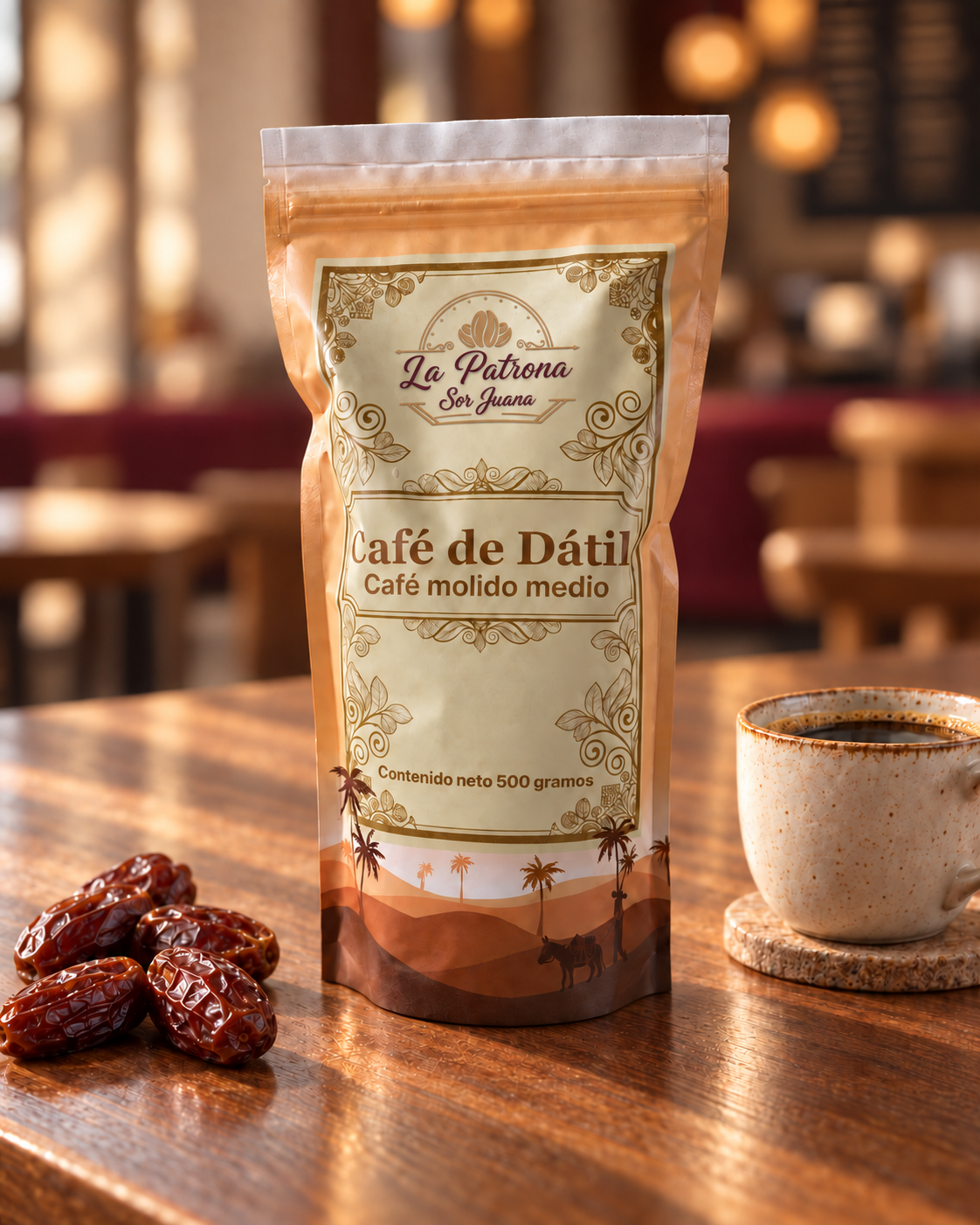 Café de Dátil La Patrona Sor Juana sobre una mesa de madera
