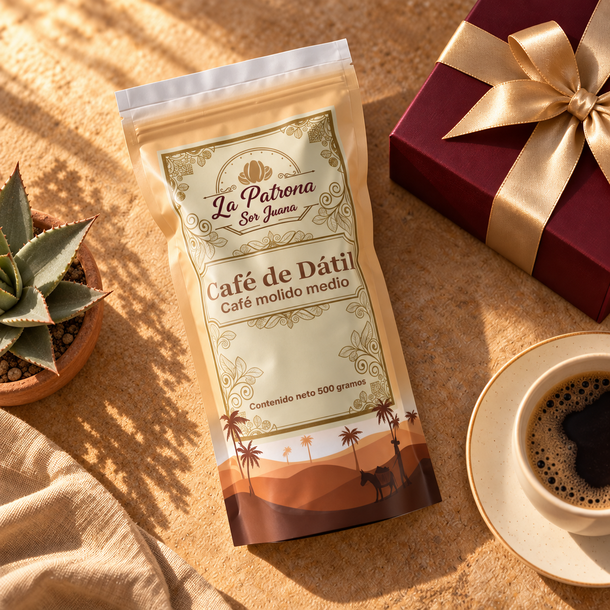 Composición de regalo con Café de Dátil y caja ciruela